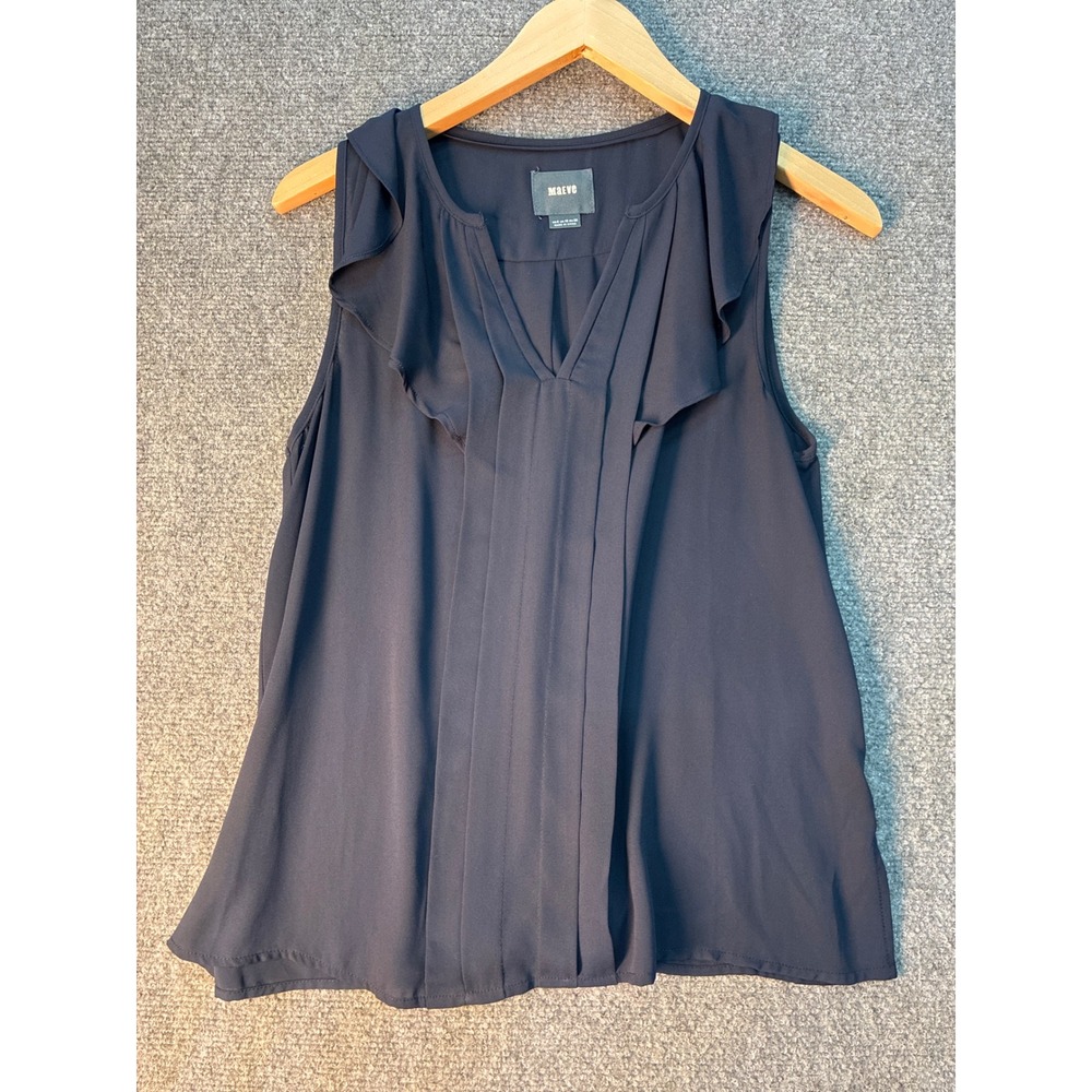 Maeve Anthropologie Navy Blue Ruffle V-Neck Pleated Sleeveless Blouse Size 6